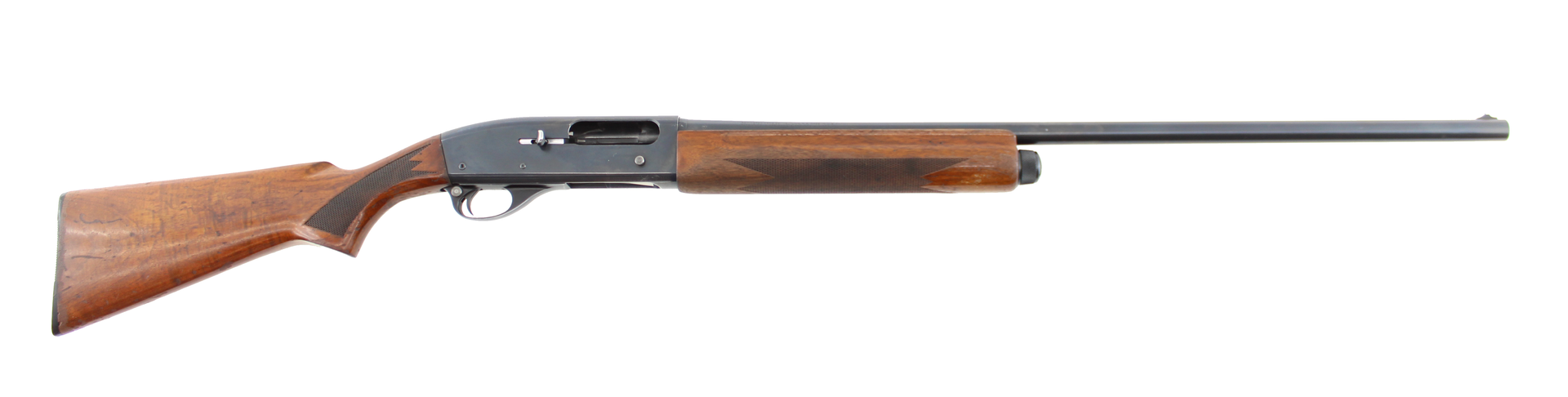 Side view of a wooden and metal shotgun on a white background