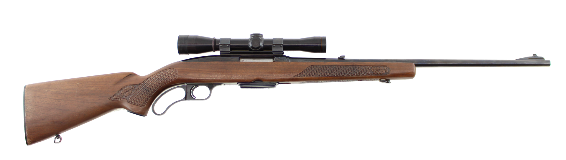 Bolt-action rifle with wood stock and mounted scope, side view on white background
