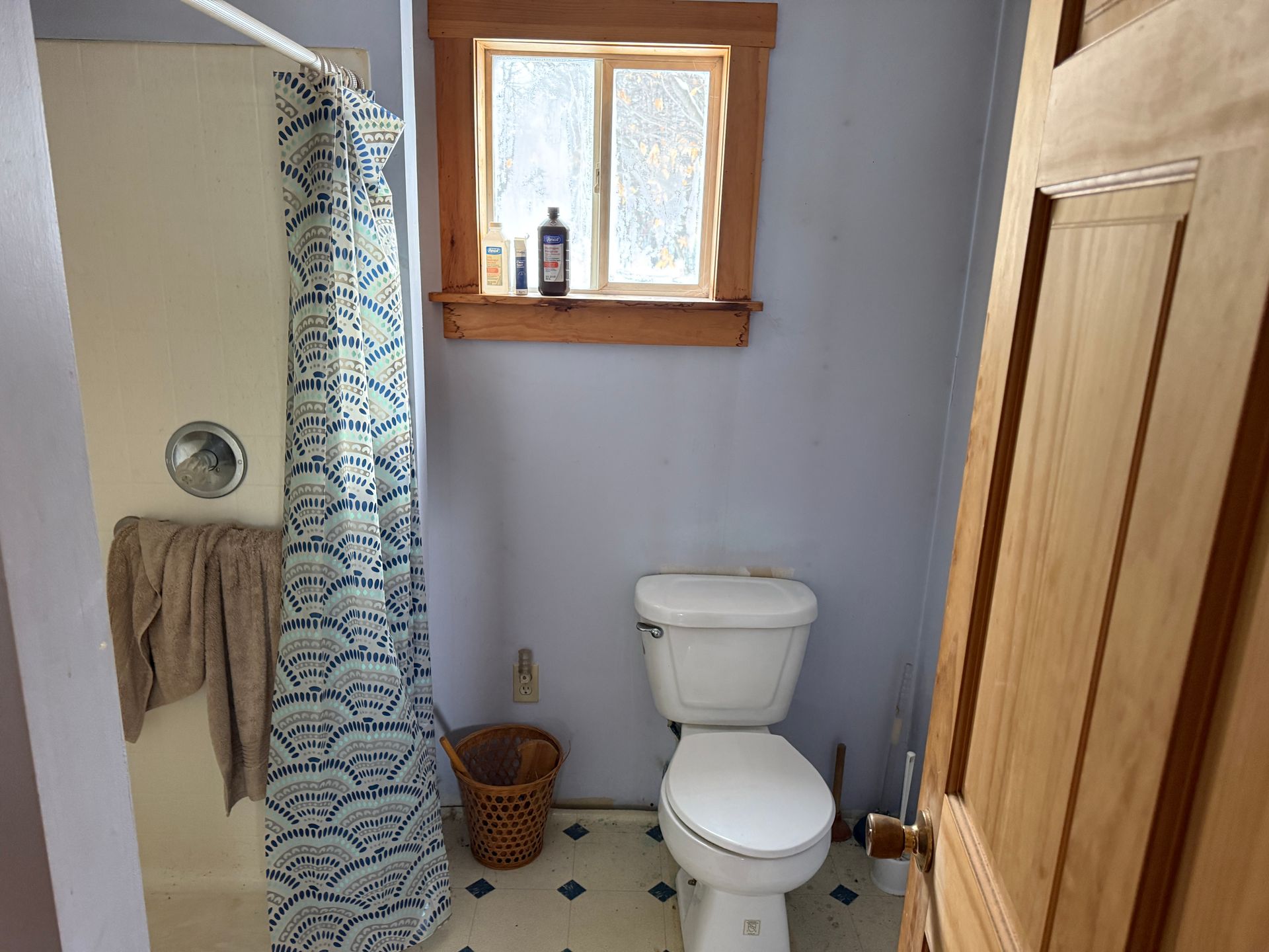 Bathroom with shower, toilet, window. Light blue walls, wood door/trim. Shower curtain: blue/white pattern.