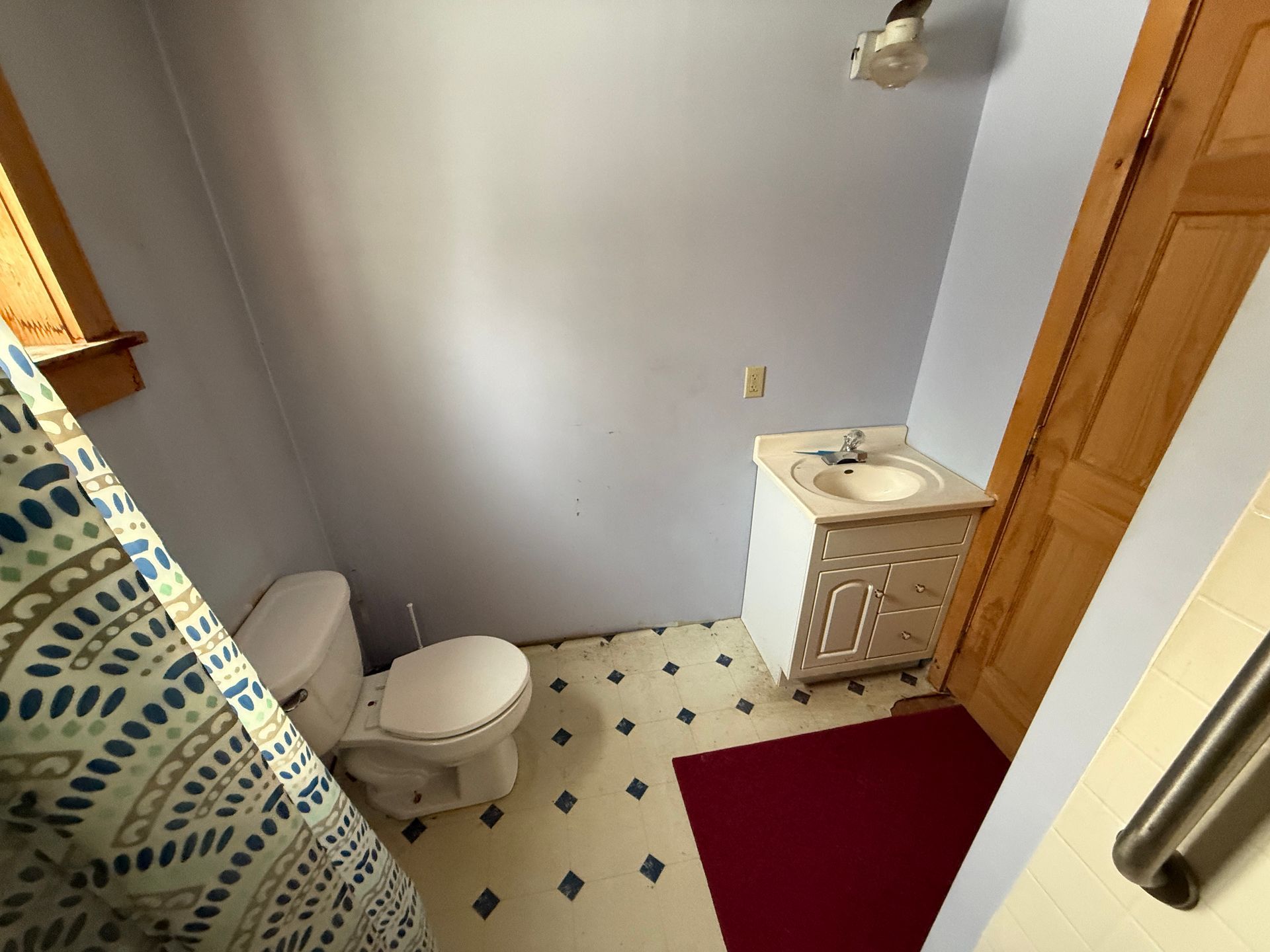 Small bathroom with toilet, sink, and shower curtain. Pale blue walls, patterned floor, red rug.