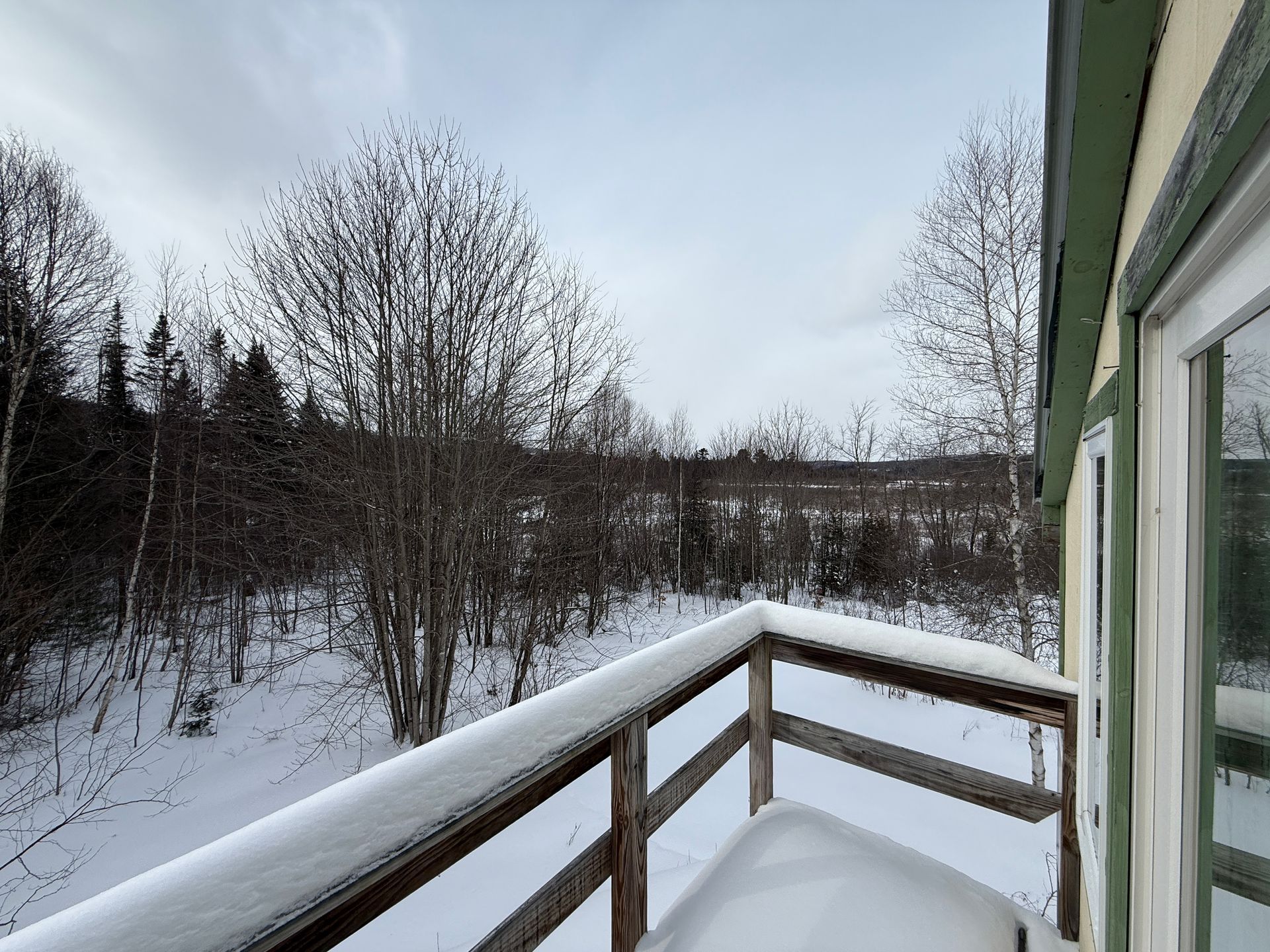 Snow-covered deck with view of bare trees and a snowy landscape under a cloudy sky.