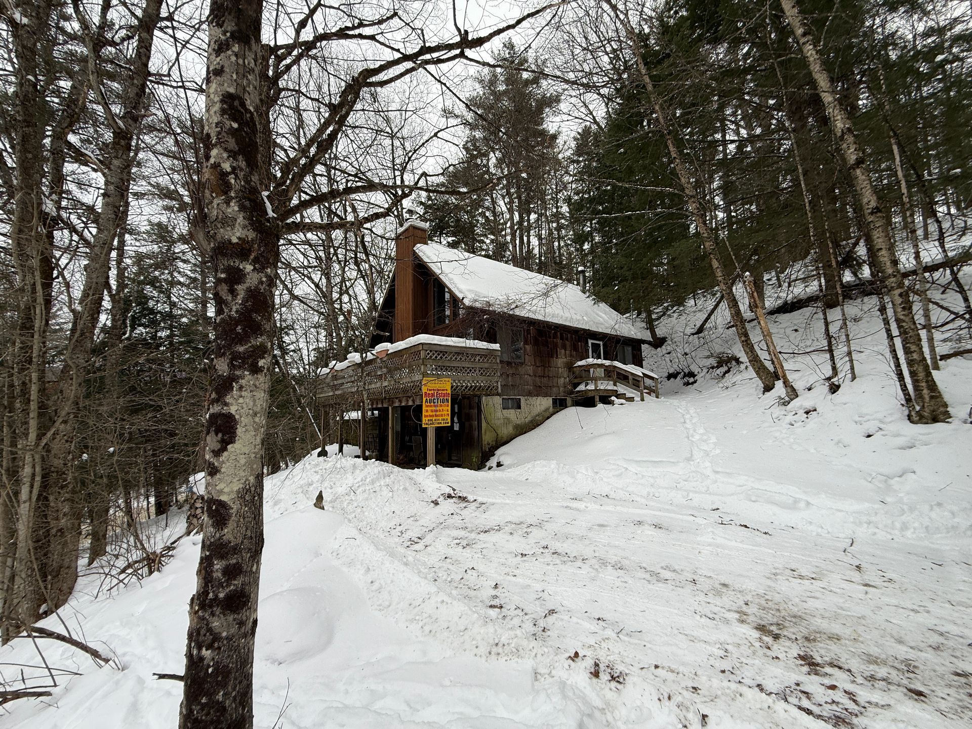 Snowy hillside with cabin, brown exterior, chimney, and trees.