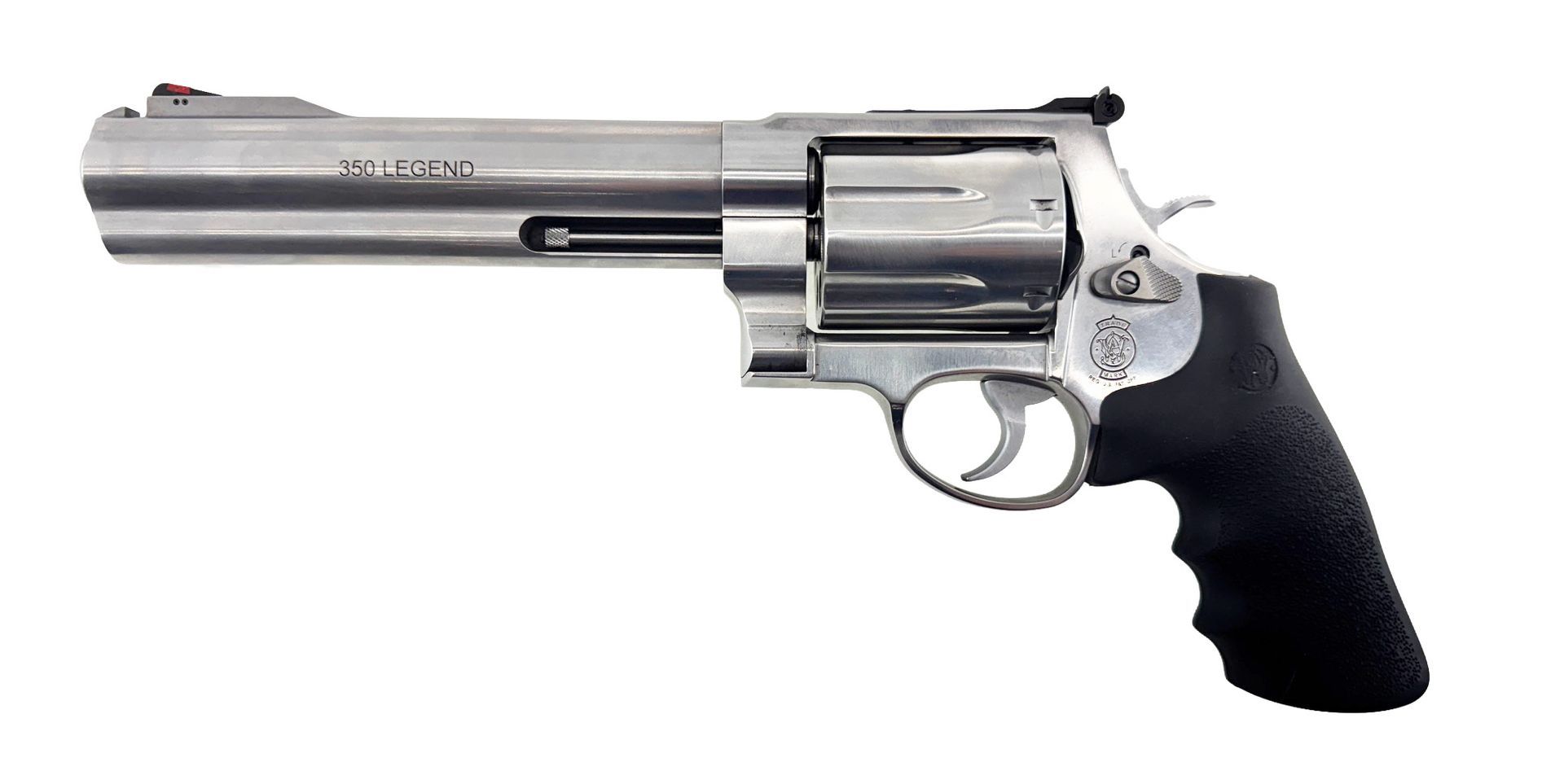 Silver handgun with a black grip.