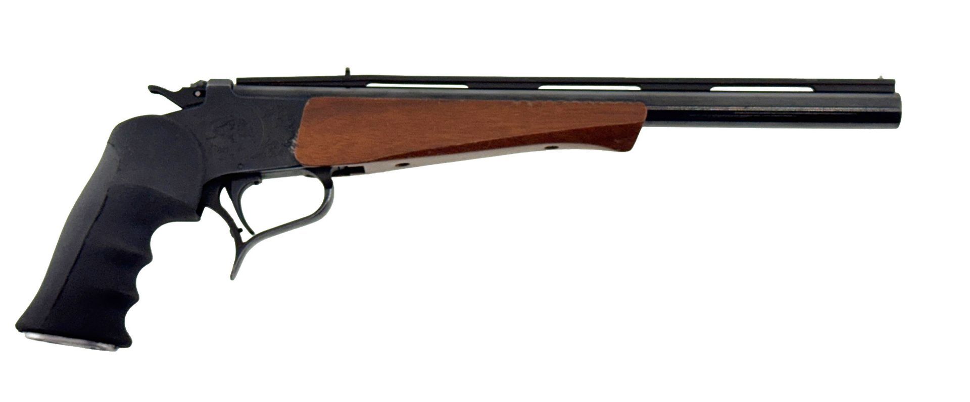 A black and brown handgun with a wooden grip and a long barrel.