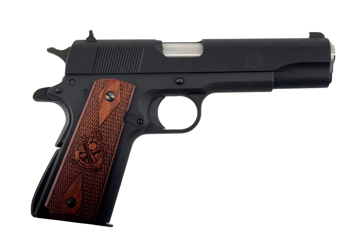 Black handgun with wooden grip, pointed right.