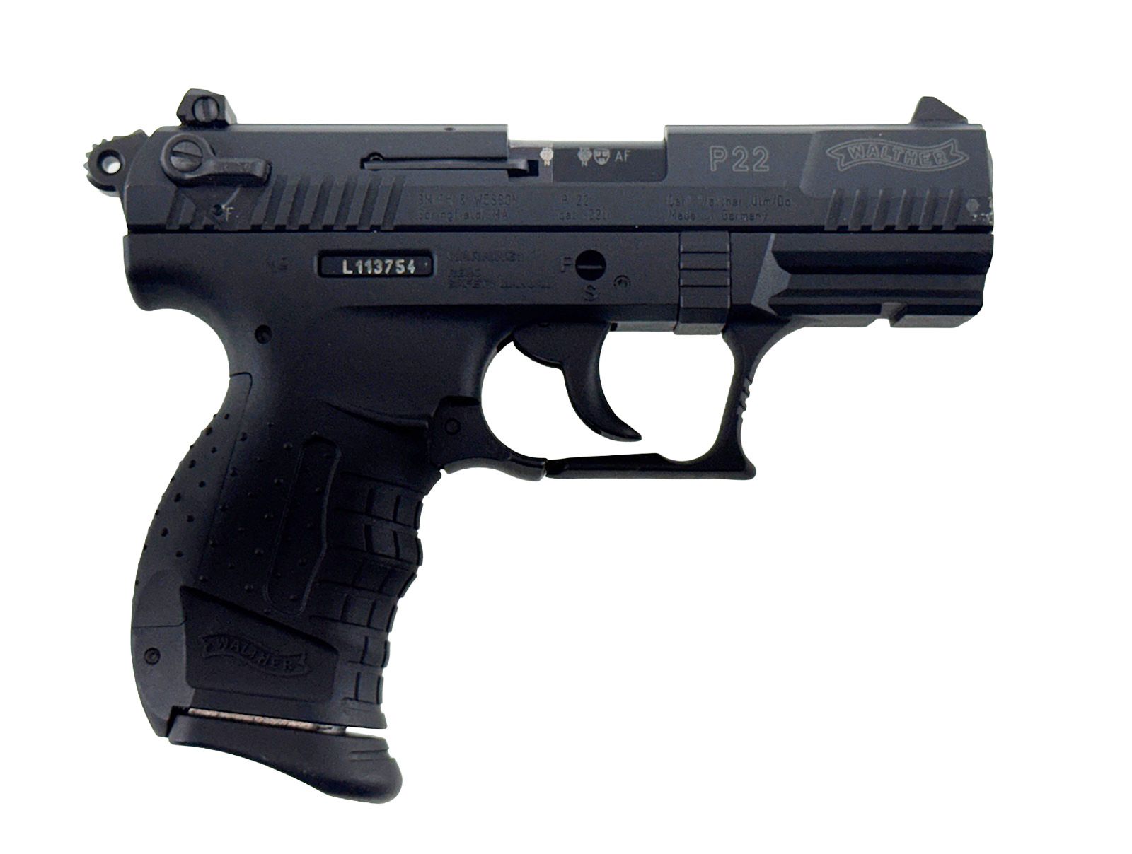Black Walther P22 pistol on a white background.