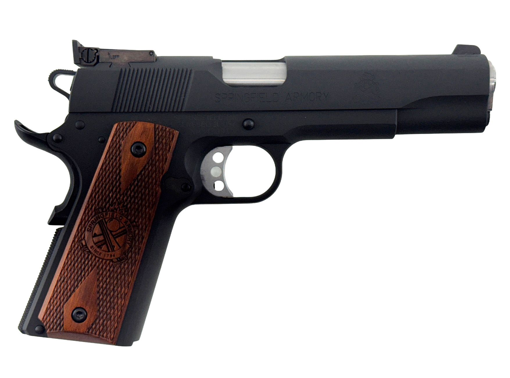 Black handgun with brown grip, on white background.