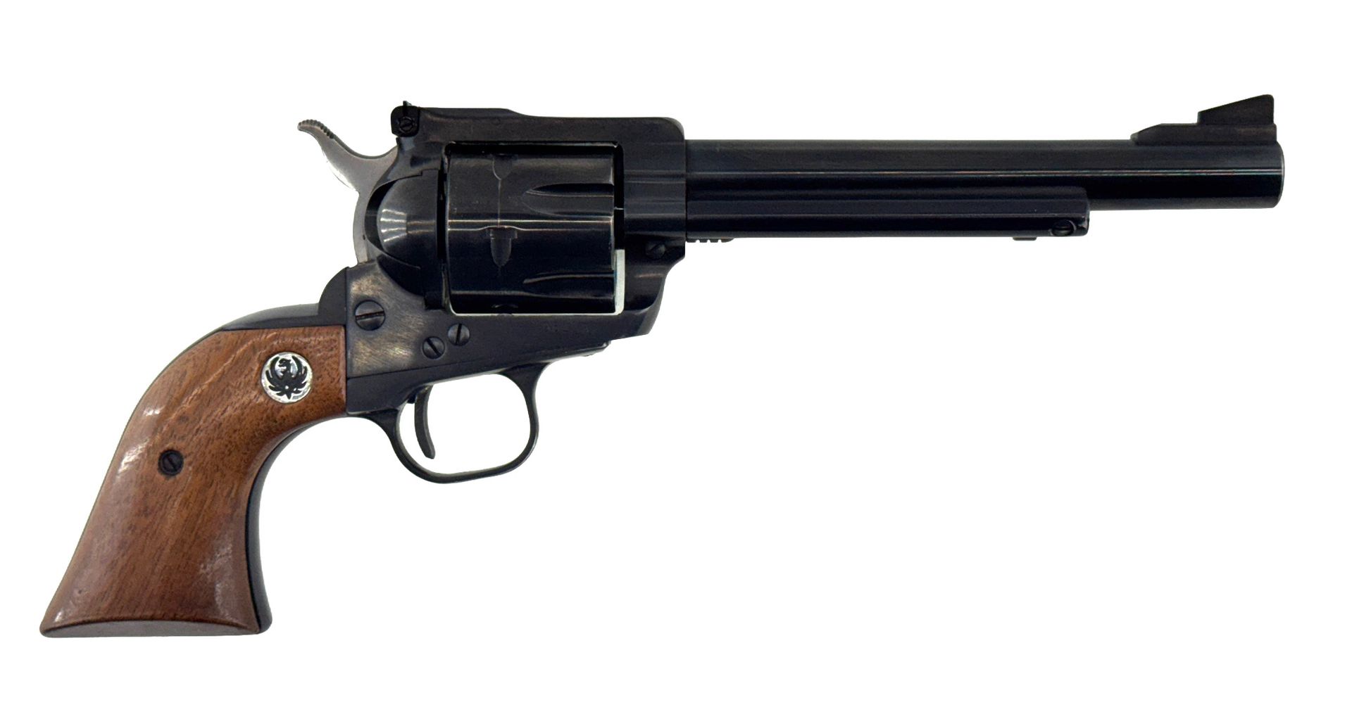 Black and brown revolver with a long barrel and wooden grip, isolated on white.