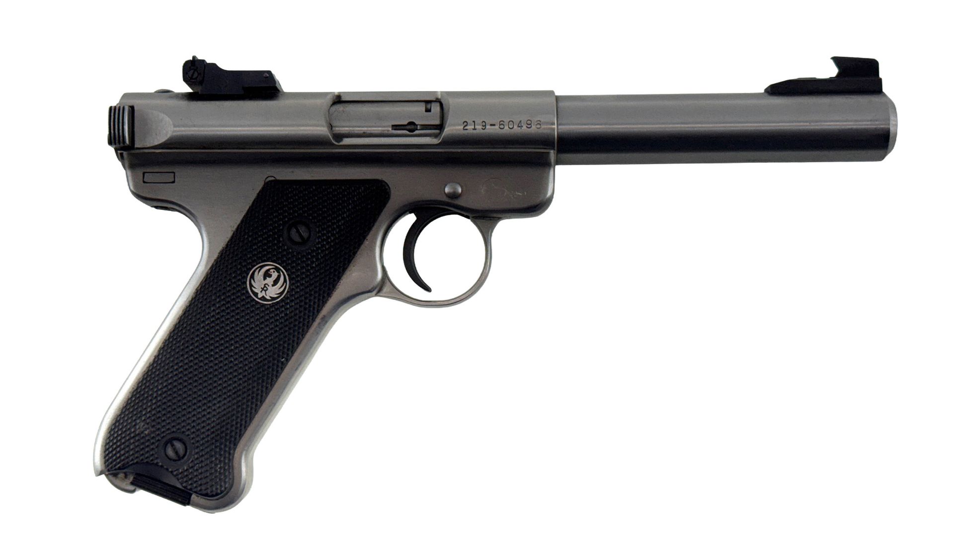 Semi-automatic Ruger pistol with black grip and silver metal finish.