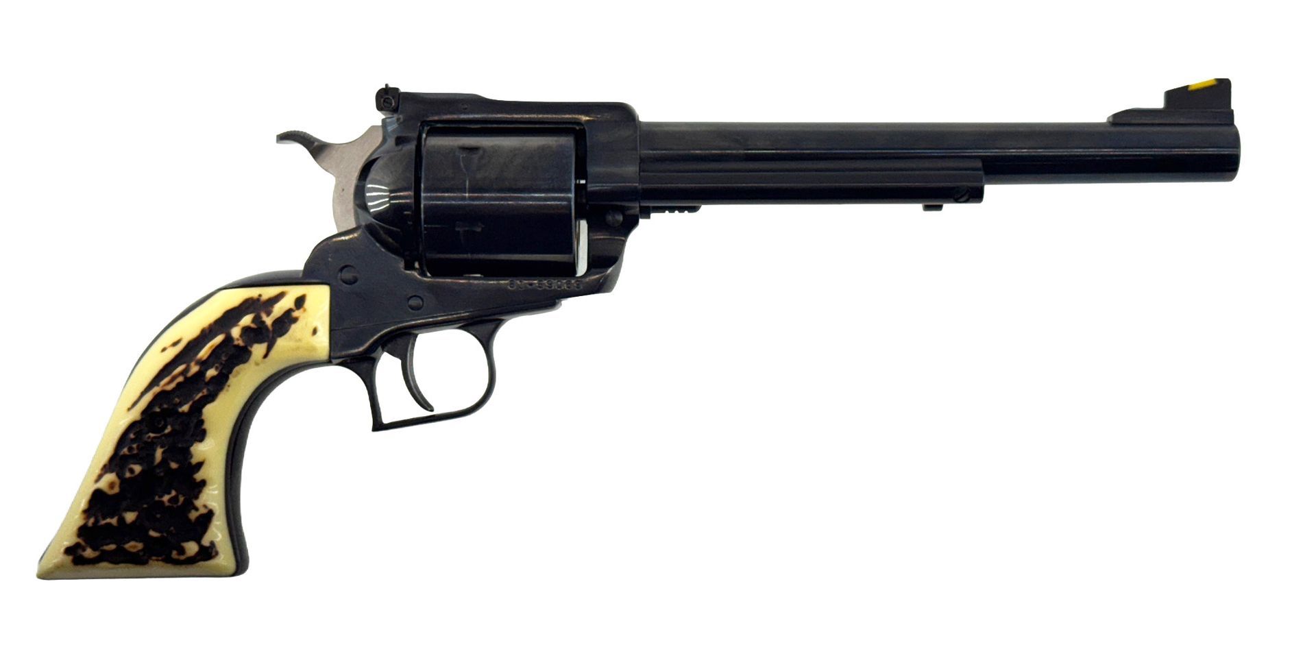 Black revolver with ivory grips on a white background.