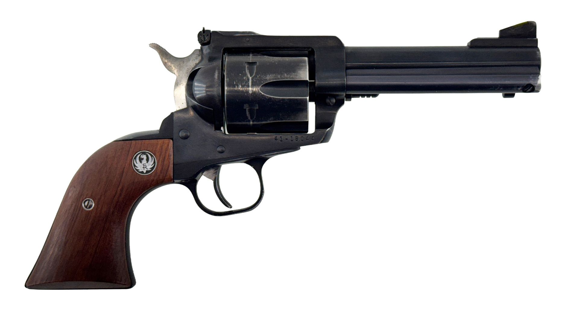 Black Ruger revolver with wood grip, on a white background.