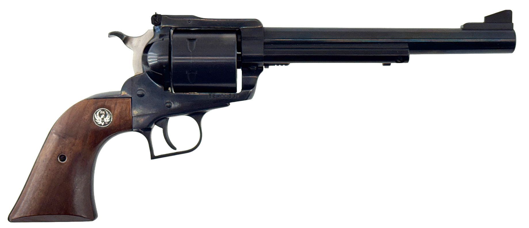 Black revolver with a long barrel and wooden grip.