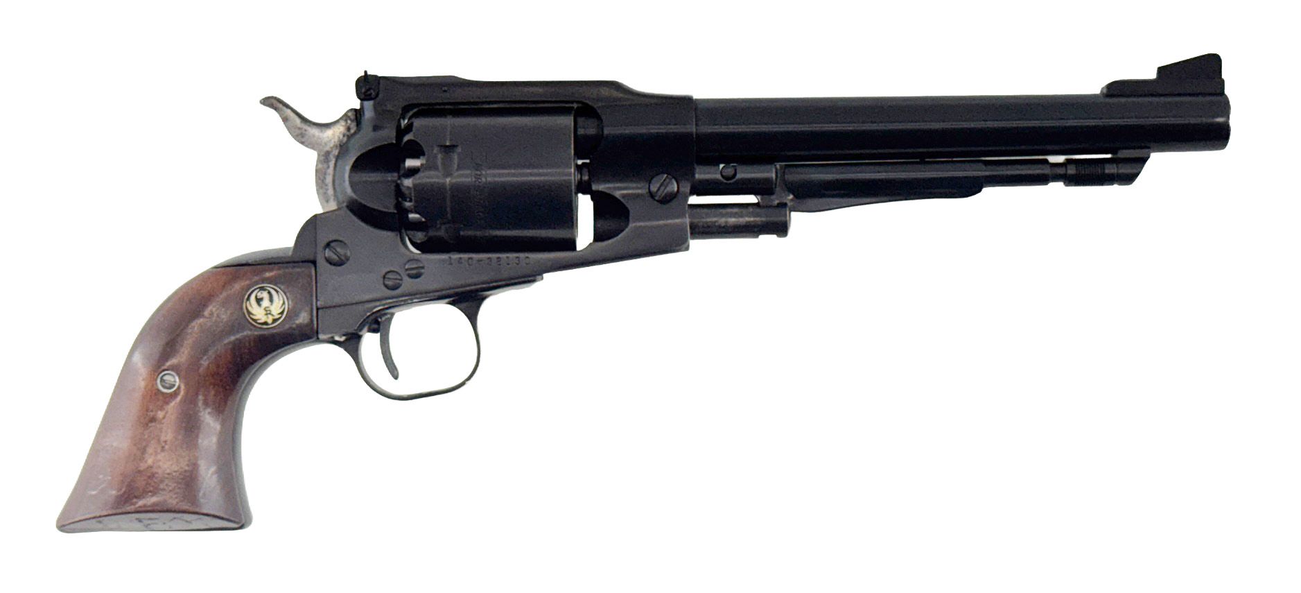 Black revolver with wooden grip, against a white background.