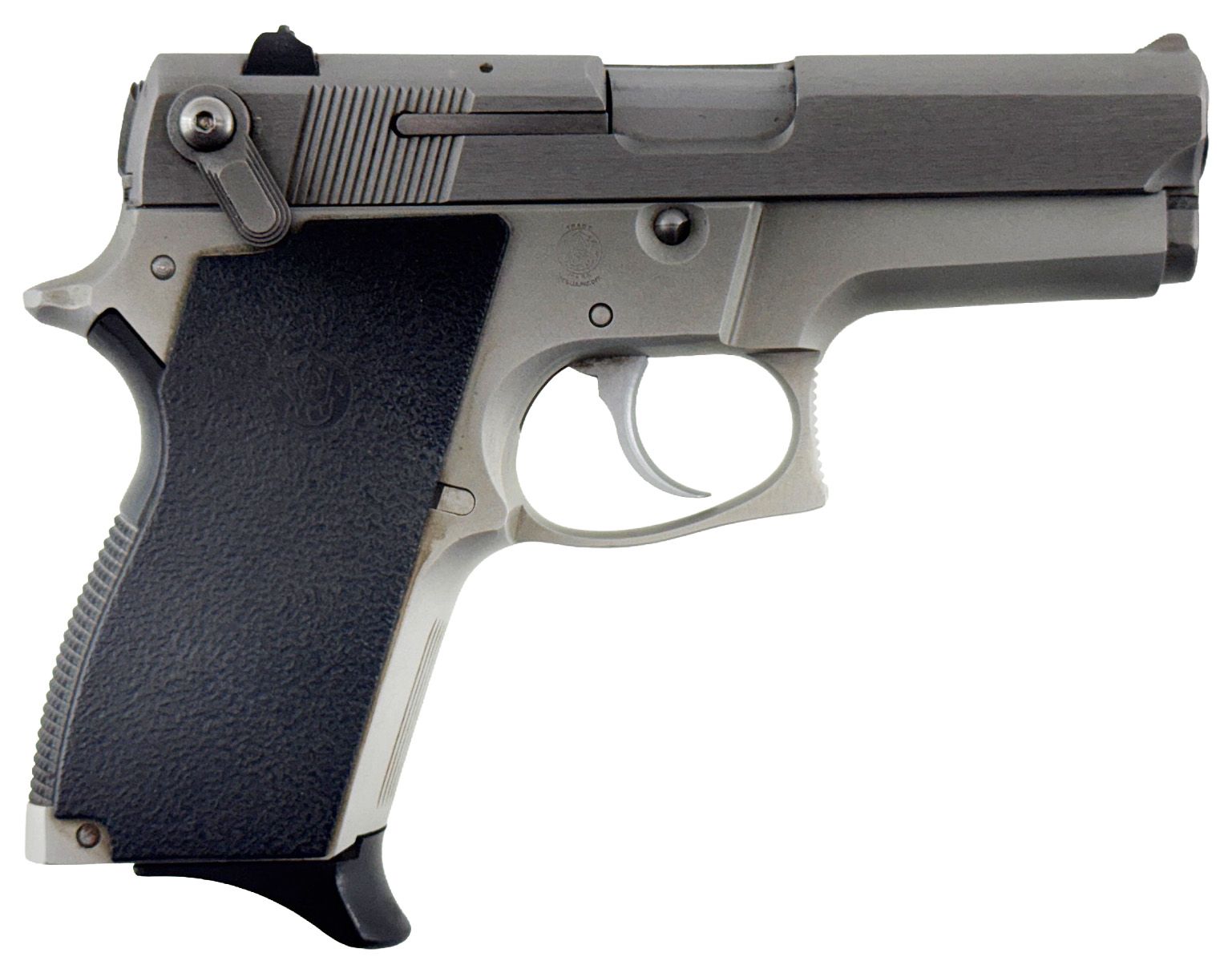 Silver handgun with black grip.