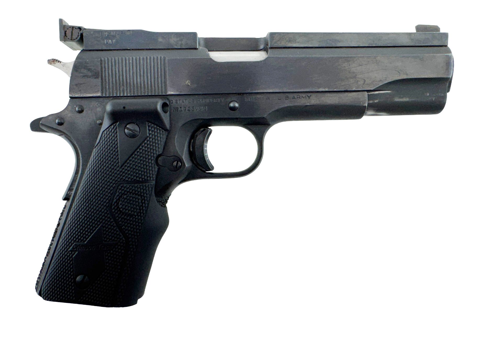 Black handgun, a Colt M1911, with visible slide, trigger, and grip.