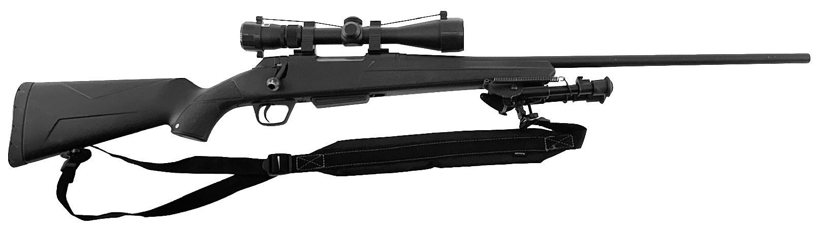 A rifle with a scope, sling, and bipod on a black background.