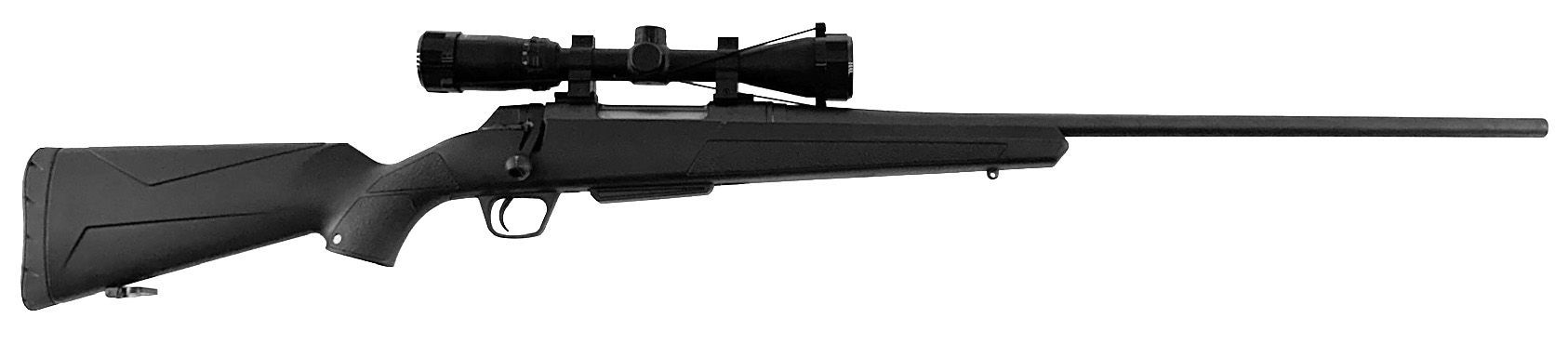 A black bolt-action rifle with a mounted scope.