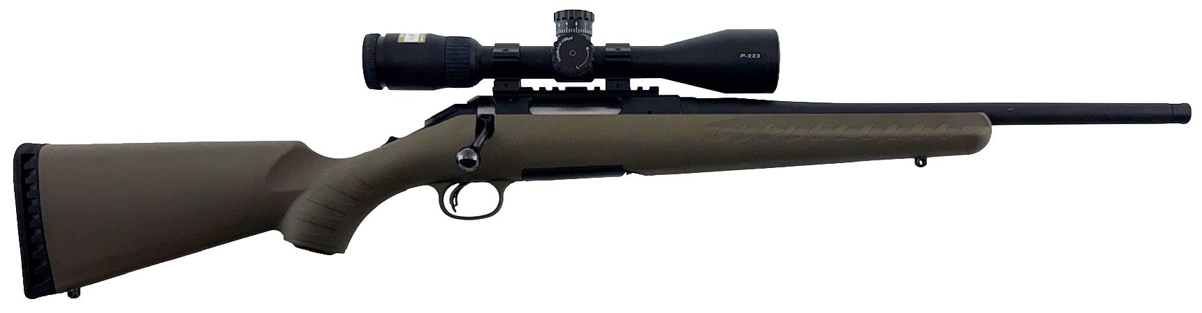 Tan rifle with a black scope, against a white background.