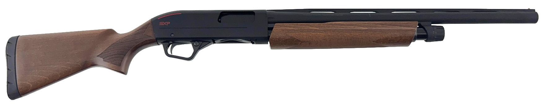 A wood-stocked pump-action shotgun against a white background.