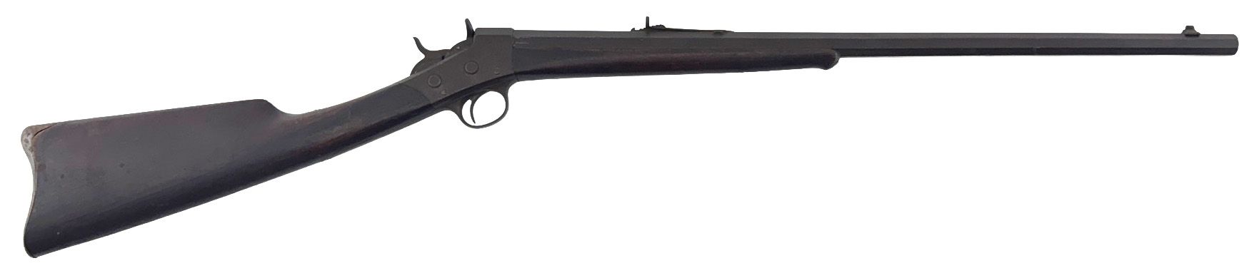 A lever-action rifle on a white background. It is black and appears to be an antique firearm.