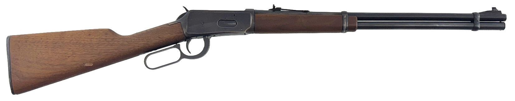 A lever-action rifle, with a wooden stock and barrel.