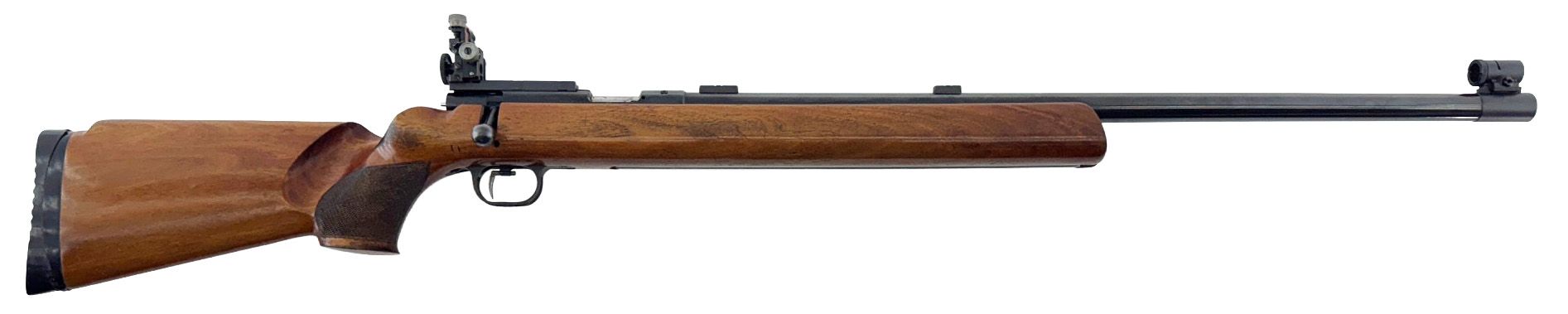 A long, brown and black rifle on a white background. It has a wooden stock and barrel.