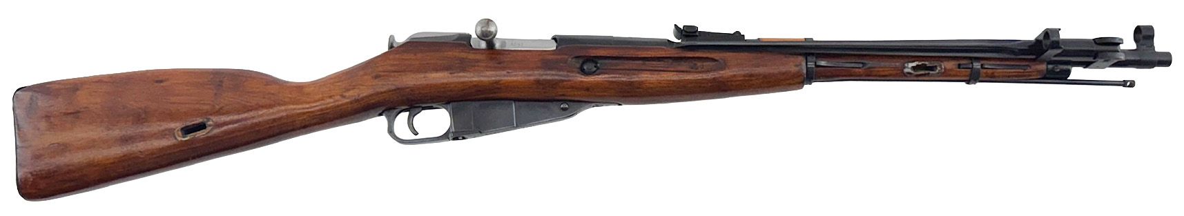 A brown rifle with a wooden stock on a white background.