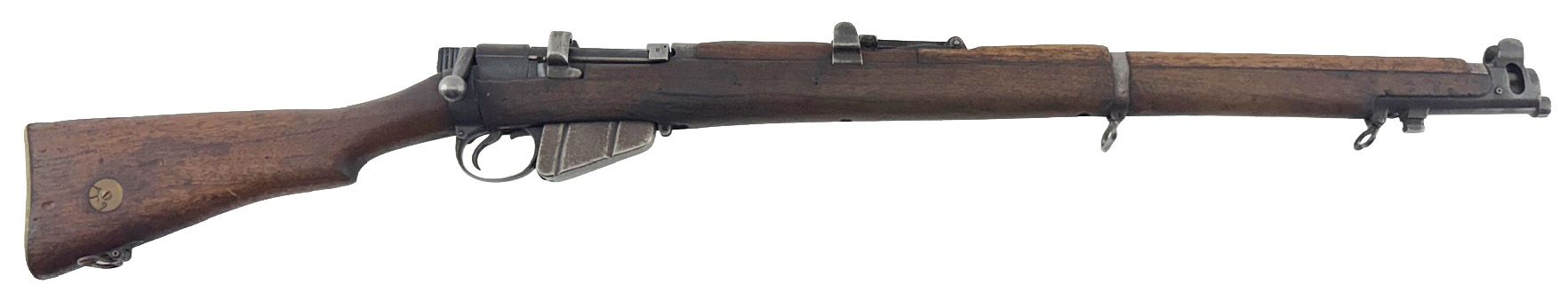 A dark-colored, bolt-action rifle with a wooden stock.