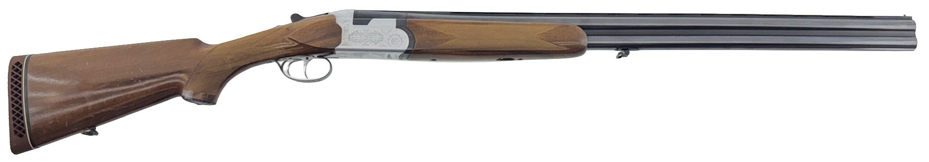 A side view of a brown and silver double-barreled shotgun.