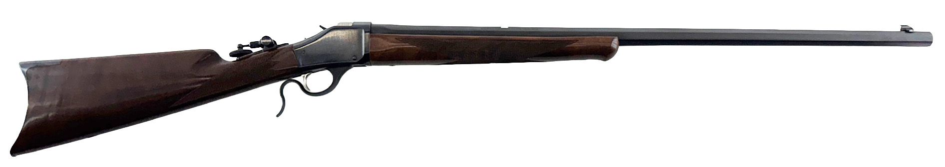 A rifle with a dark wood stock and a long, dark barrel. The rifle is in a horizontal position.