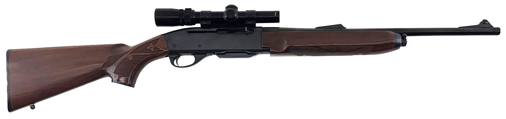 A brown rifle with a black scope against a white background.