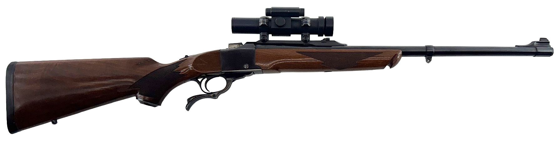 A rifle with a scope, wooden stock, and black barrel.