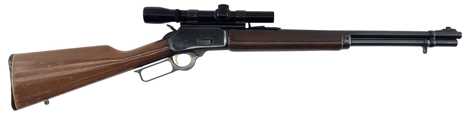 A brown lever-action rifle with a scope, on a white background.