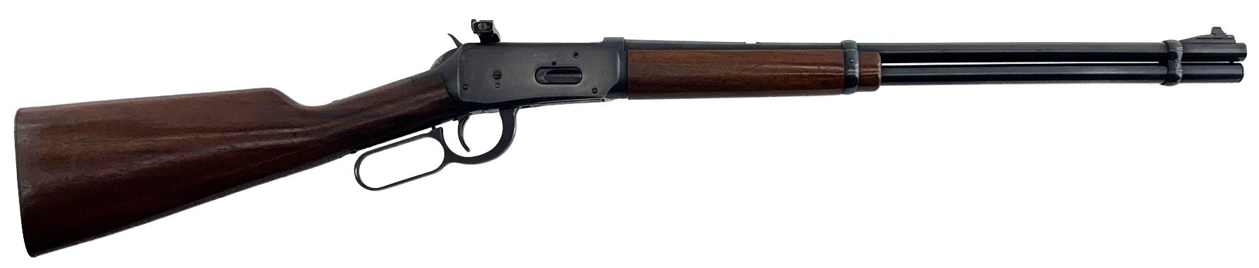 A lever-action rifle with a brown wooden stock and forend, and a black barrel and receiver.
