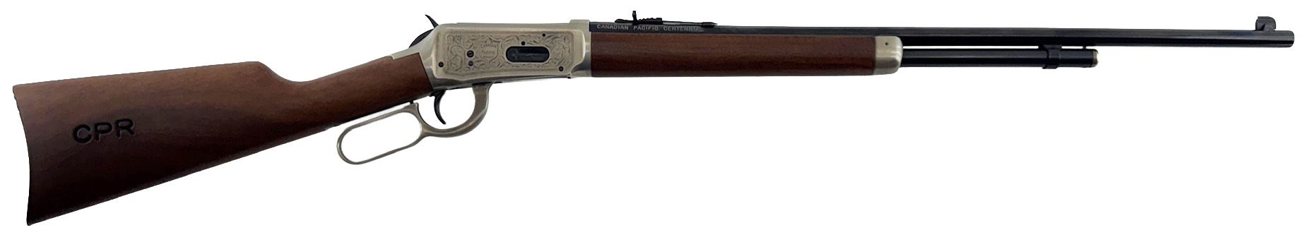 Lever-action rifle, brown stock and forearm, silver receiver, black barrel.