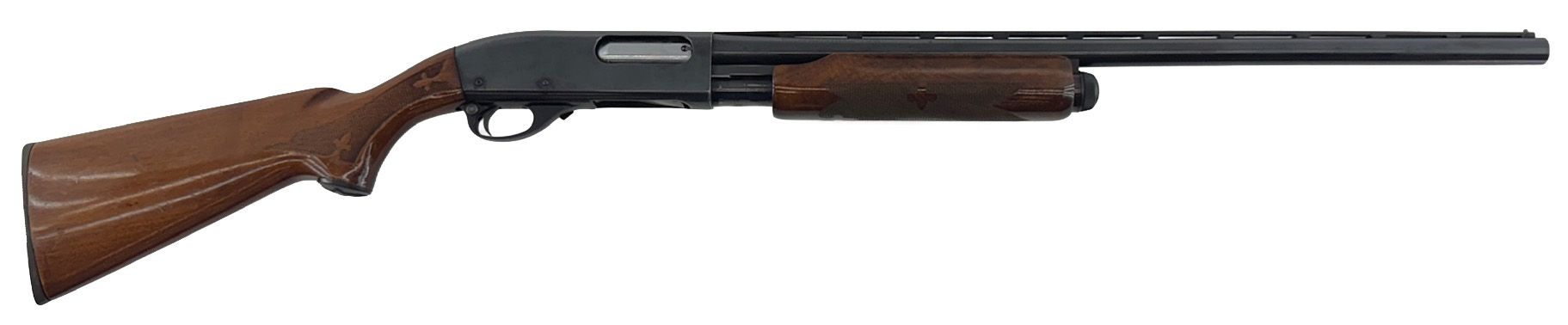 A brown and black shotgun. It has a wooden stock and pump handle.