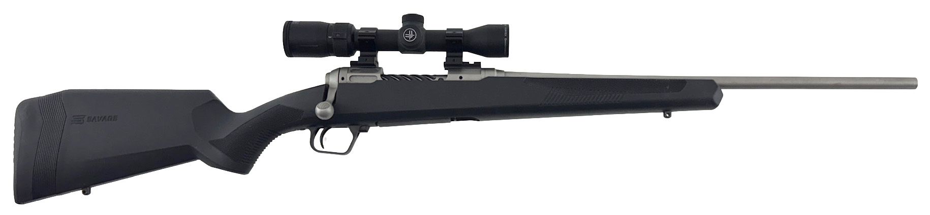Black bolt-action rifle with a scope, against a white background.