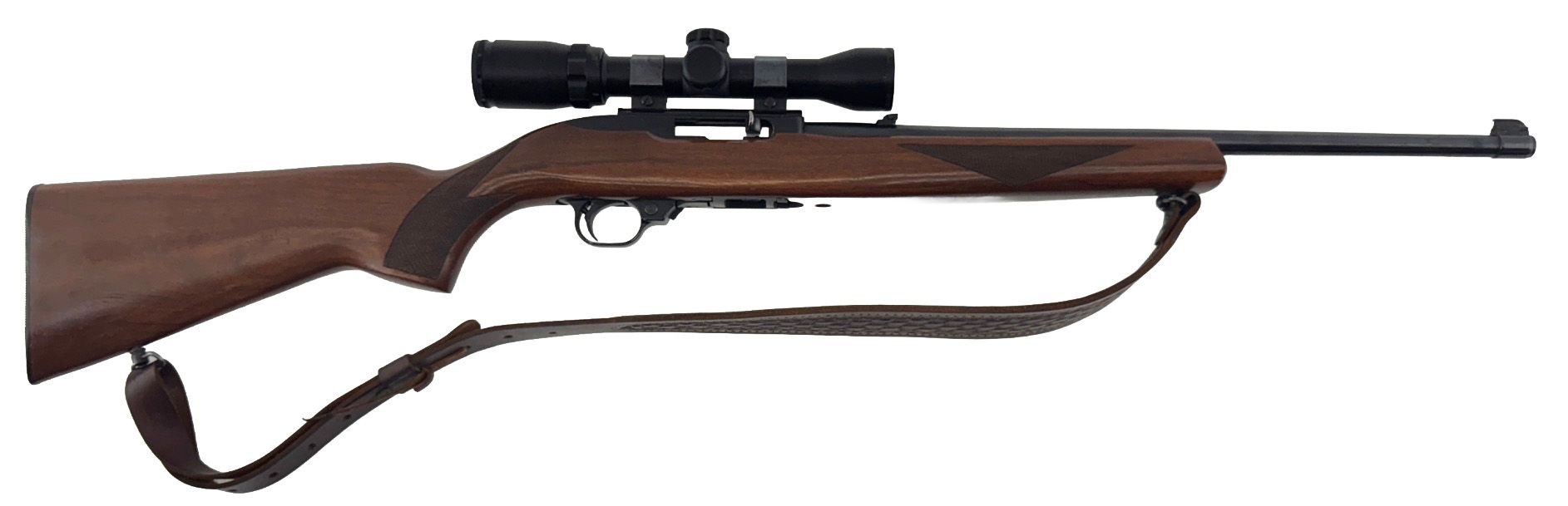 A brown rifle with a scope, a sling, on a white background.