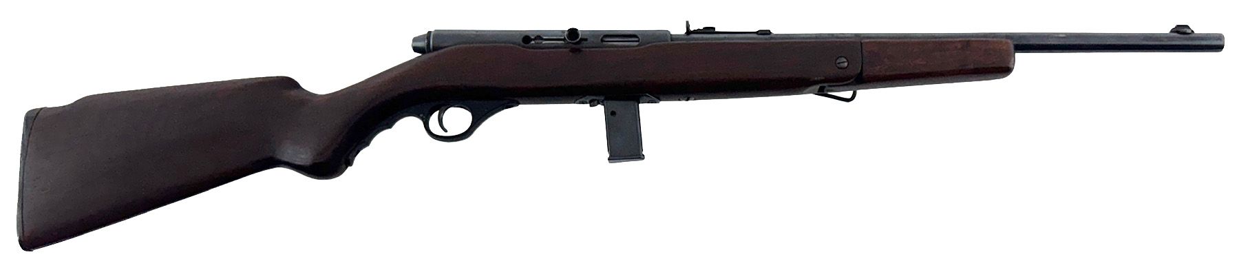 A dark brown rifle with a black barrel and magazine.