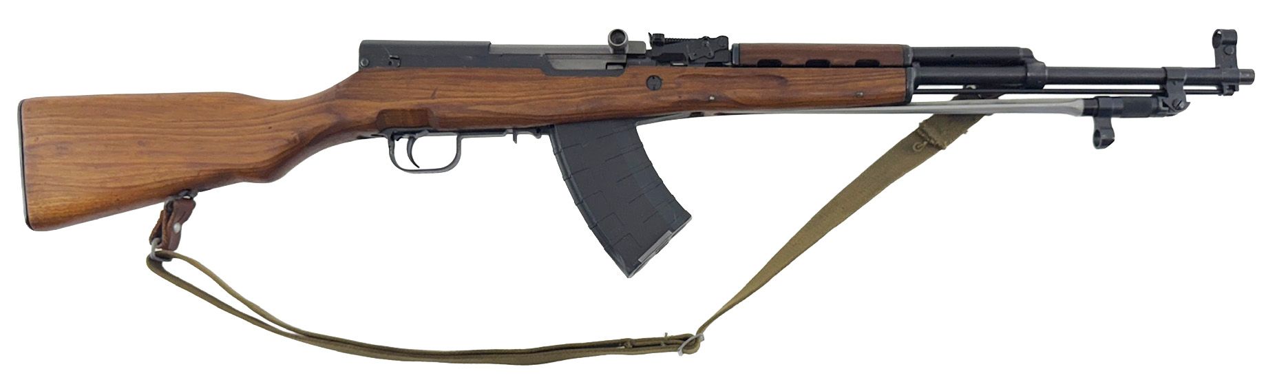 A brown SKS rifle with a black magazine and a green sling.