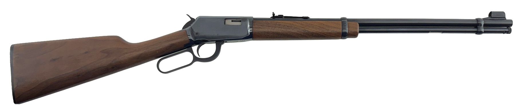 A brown lever-action rifle on a white background.