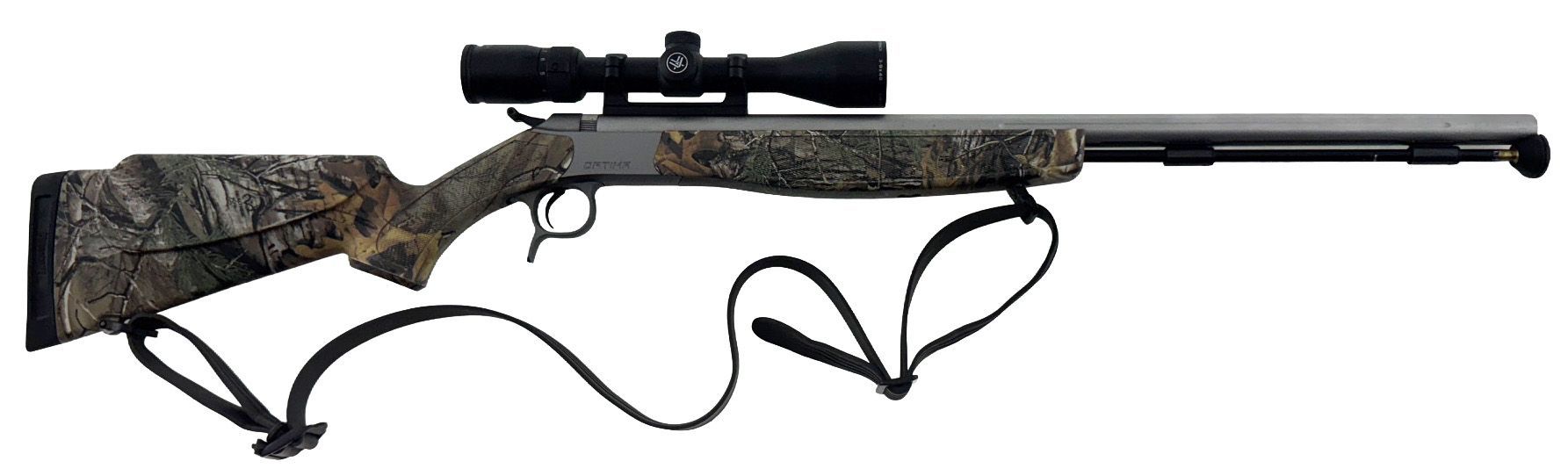 A rifle with camouflage stock, scope, and sling.