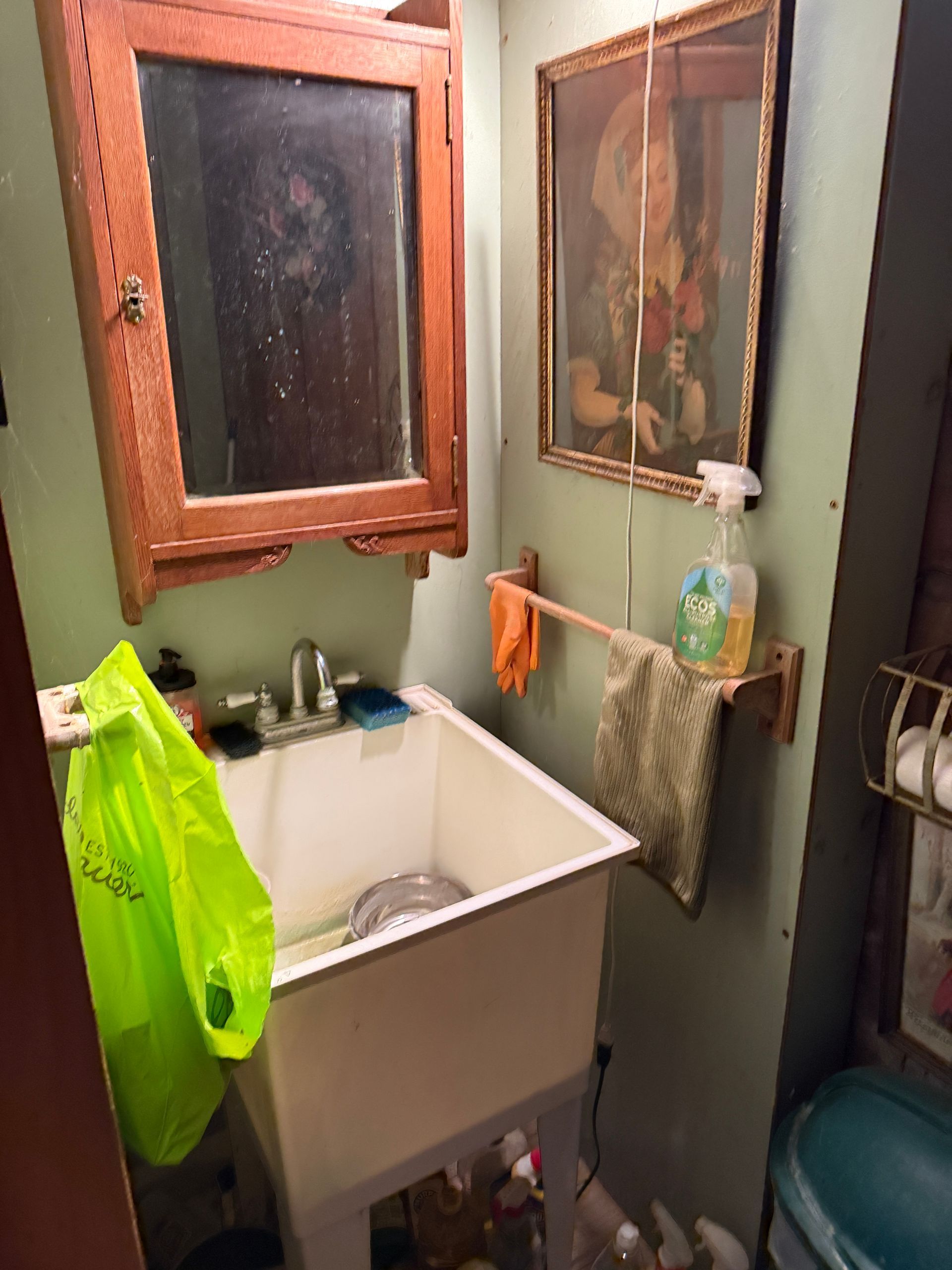 A utility sink sits under a wooden medicine cabinet in a room with sage green walls and a framed painting.