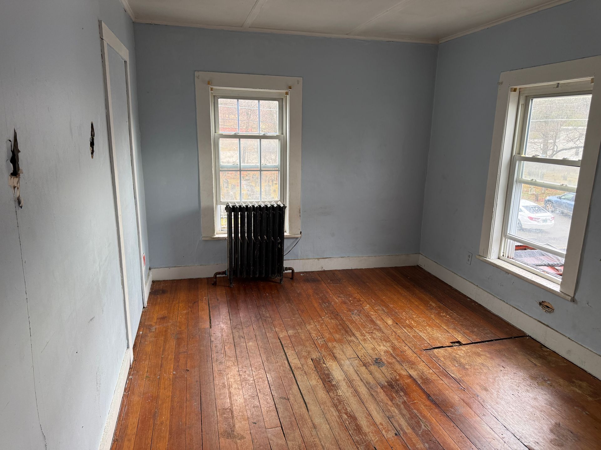 Empty room with light blue walls, hardwood floors, two windows, and a black cast-iron radiator beneath one window.