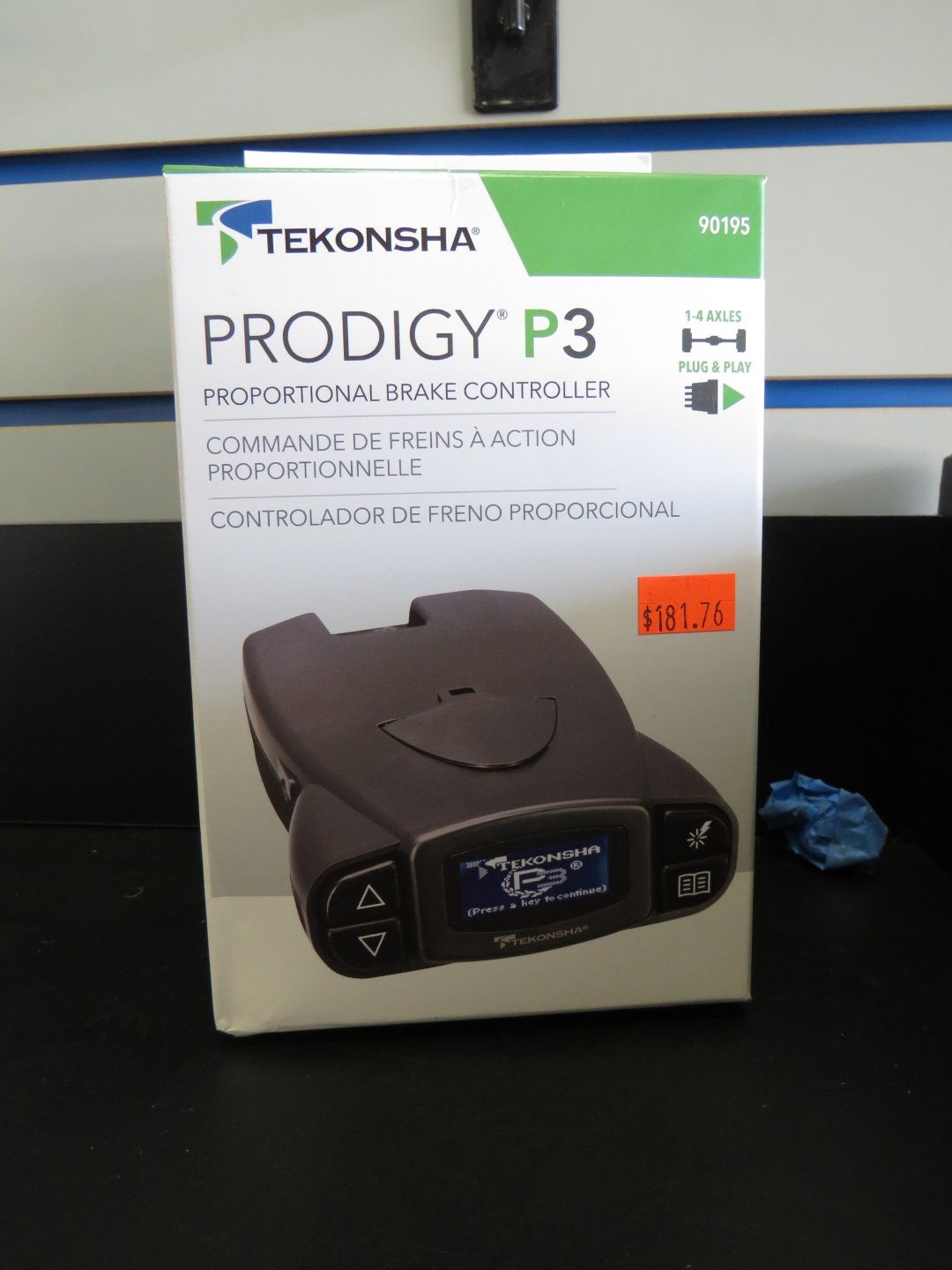 Box of Tekonsha Prodigy P3 trailer brake controller, displaying the product, with a price tag.