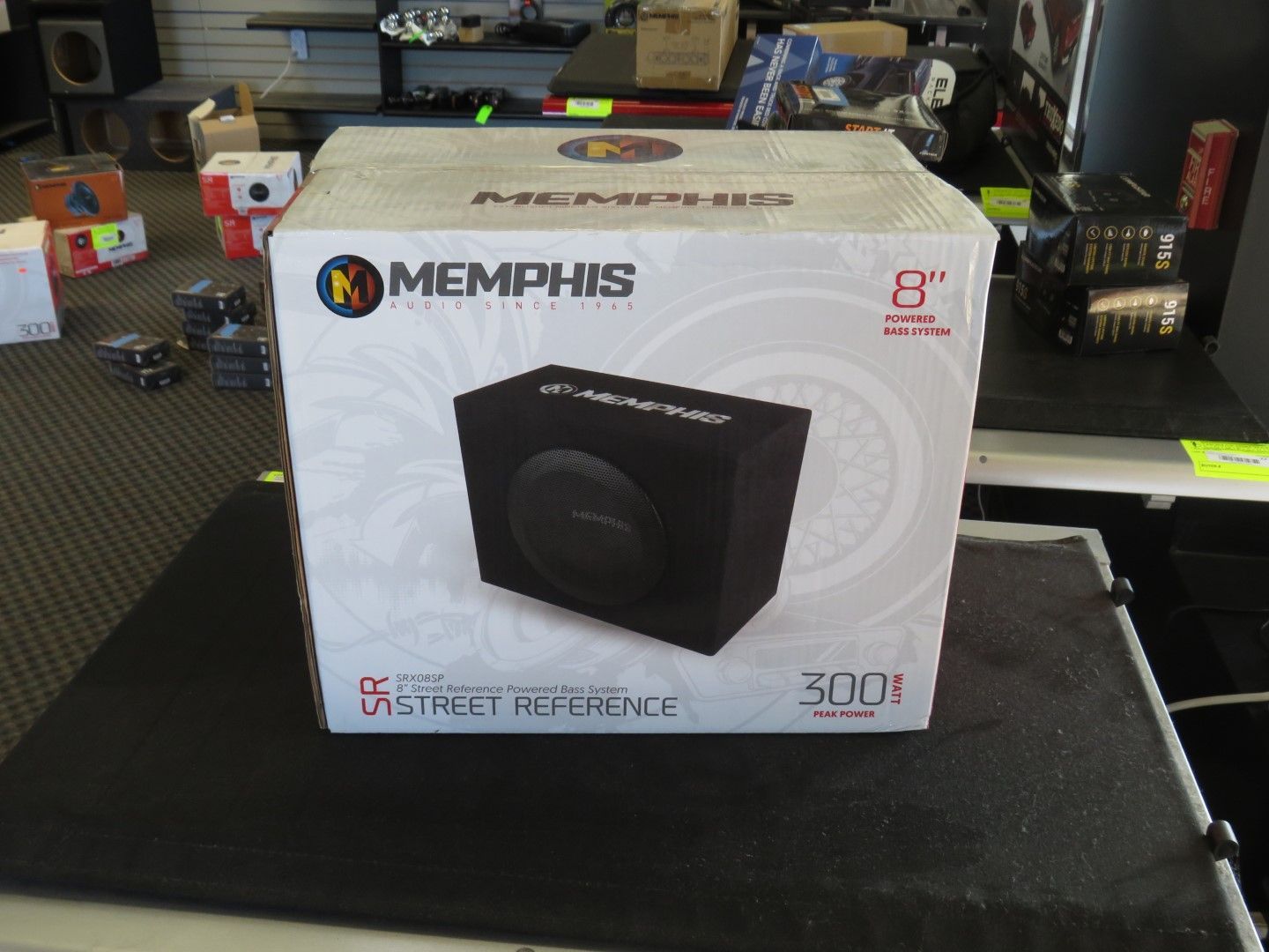Boxed Memphis subwoofer on a table.