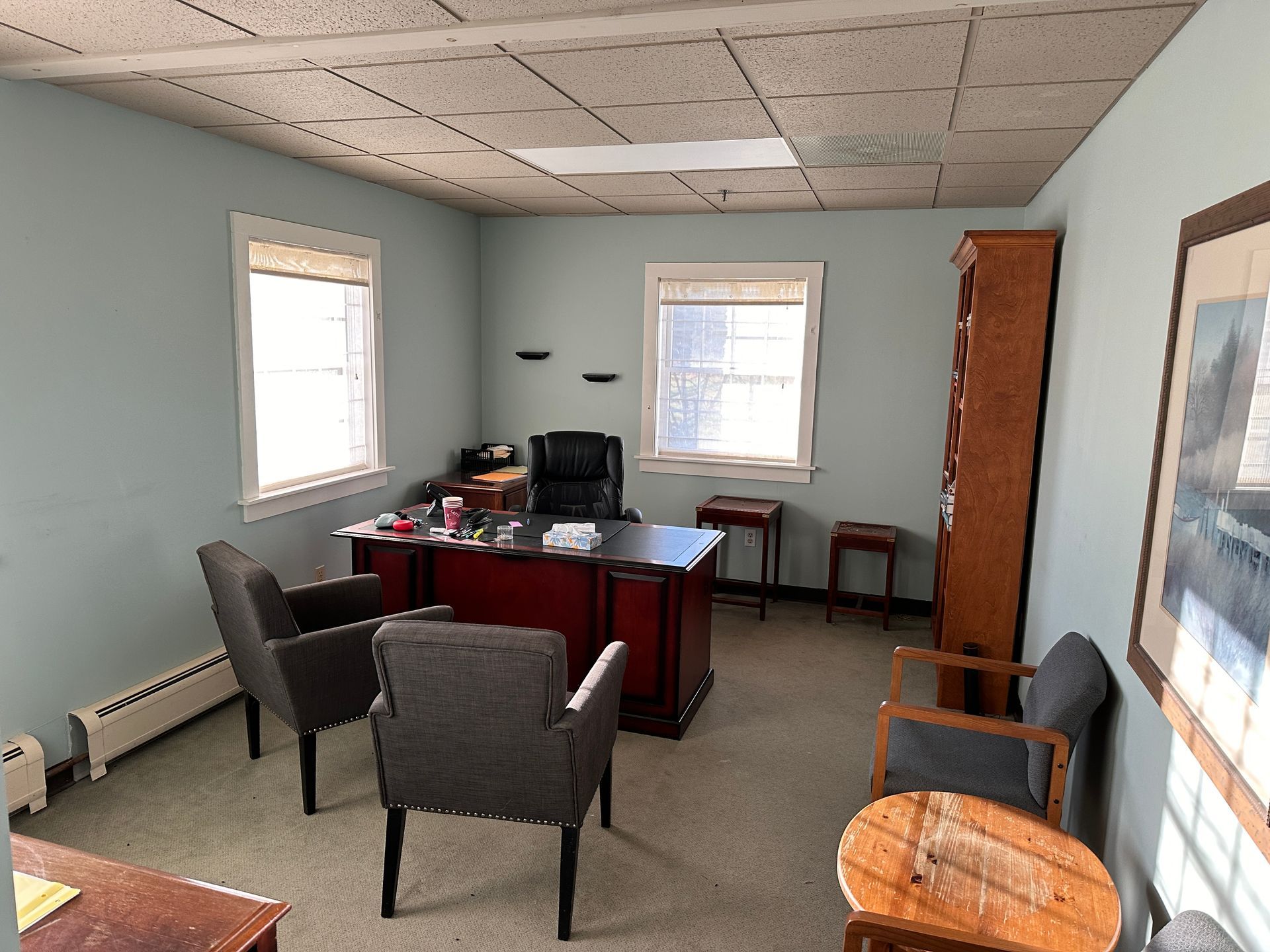 Office with desk, chairs, bookcase, two windows, and light blue walls.