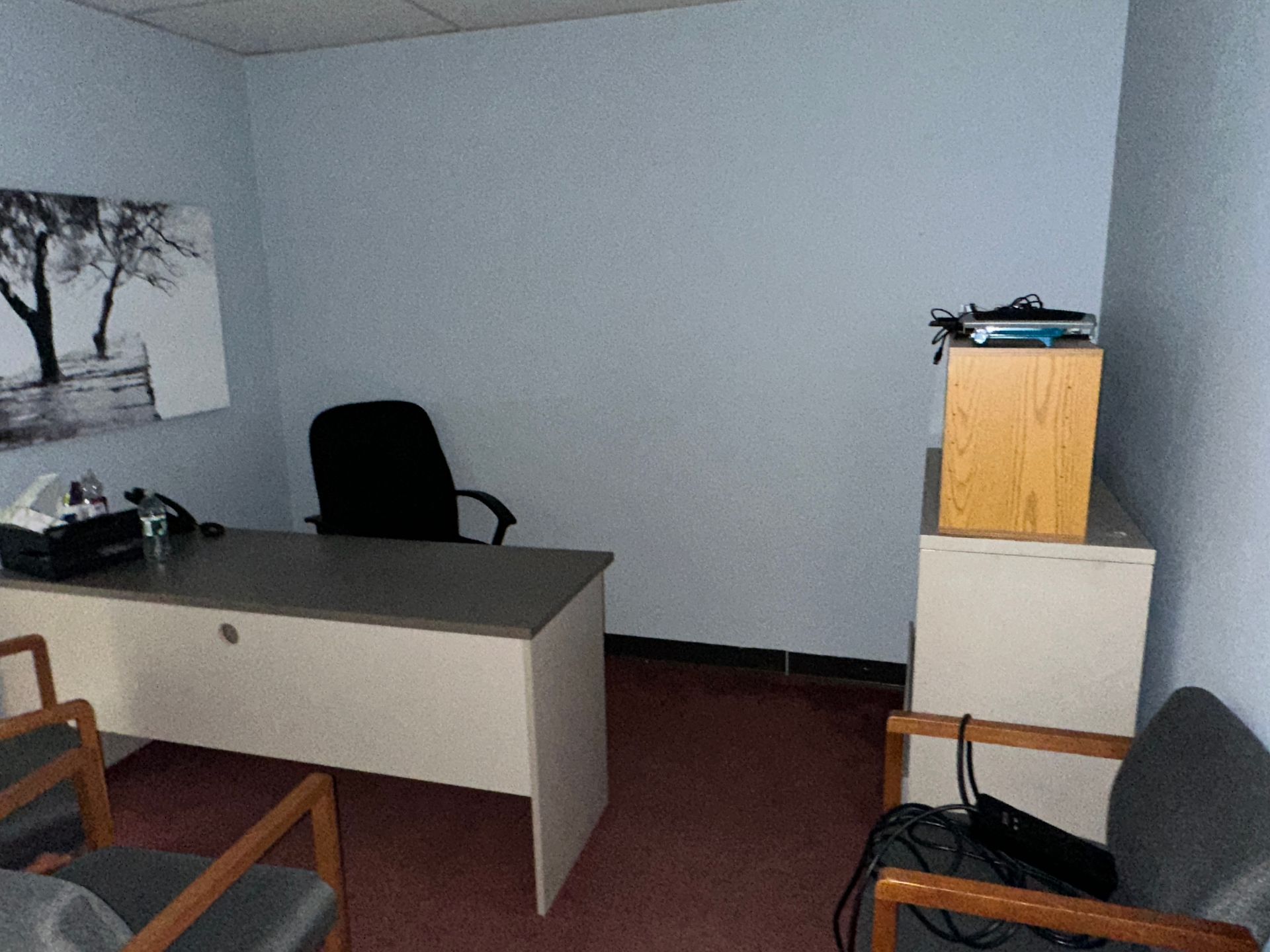 An office with a desk, chairs, artwork, and storage. Walls are light blue, floor is red.