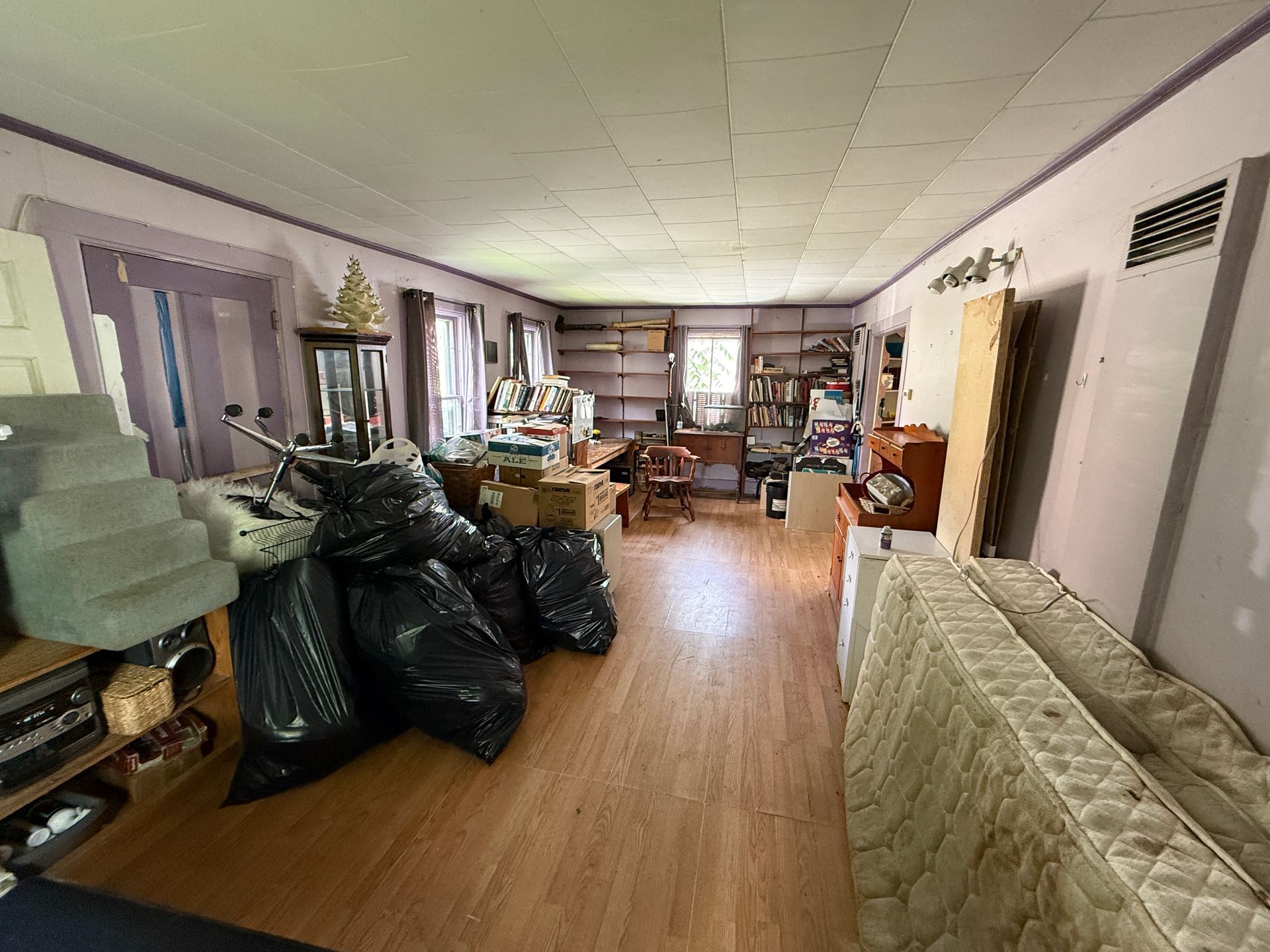 living room with furniture, and a long sofa along the right wall