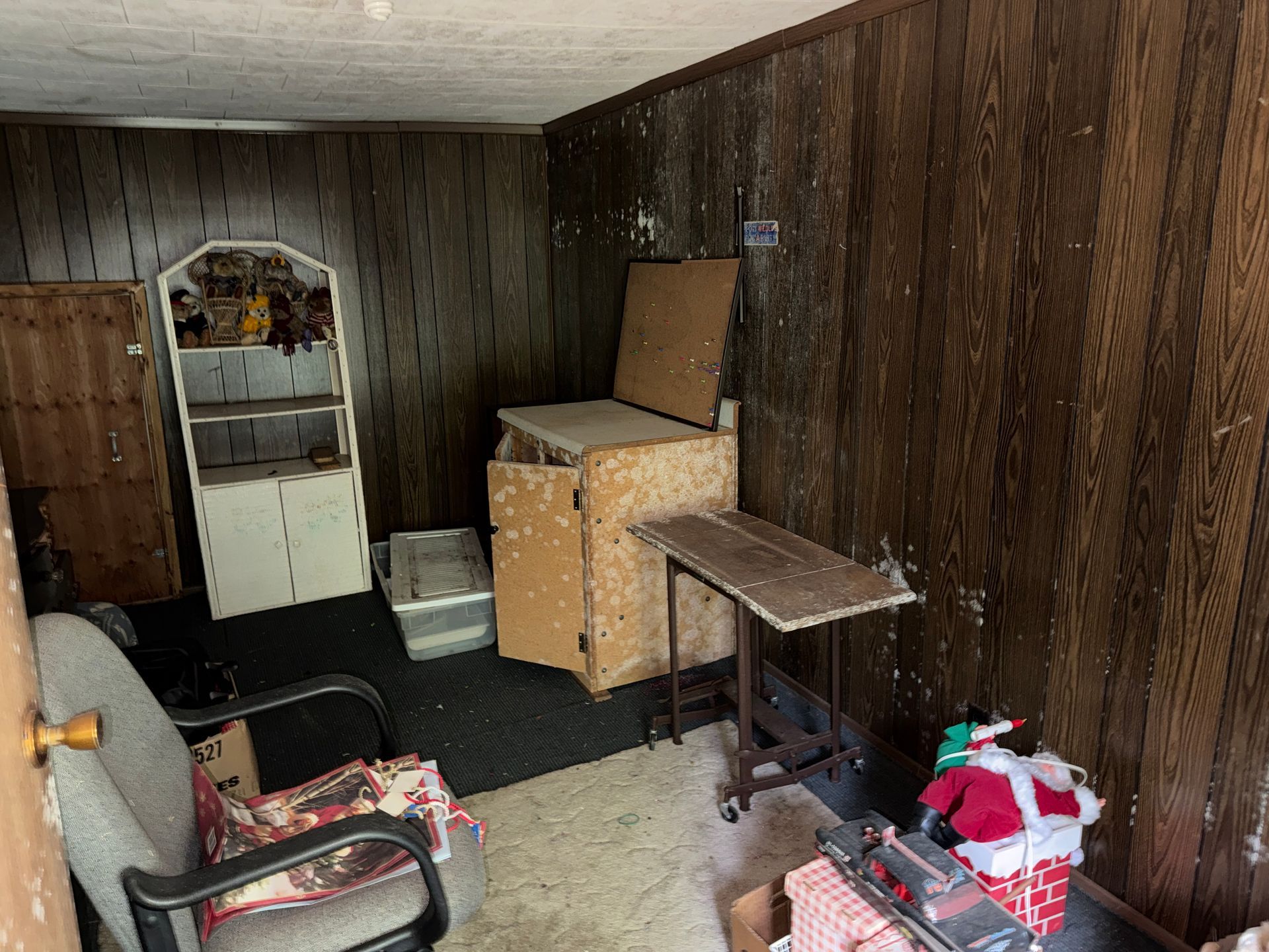 room with wood-paneled walls, furniture, and a white cabinet near the back door.